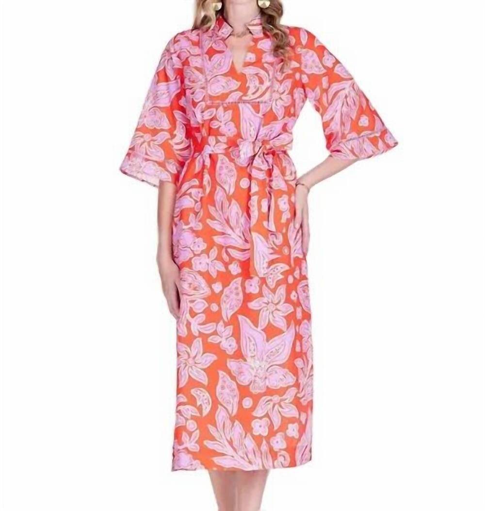 NEW JADE trimmed yoke tunic midi dress in orange petal